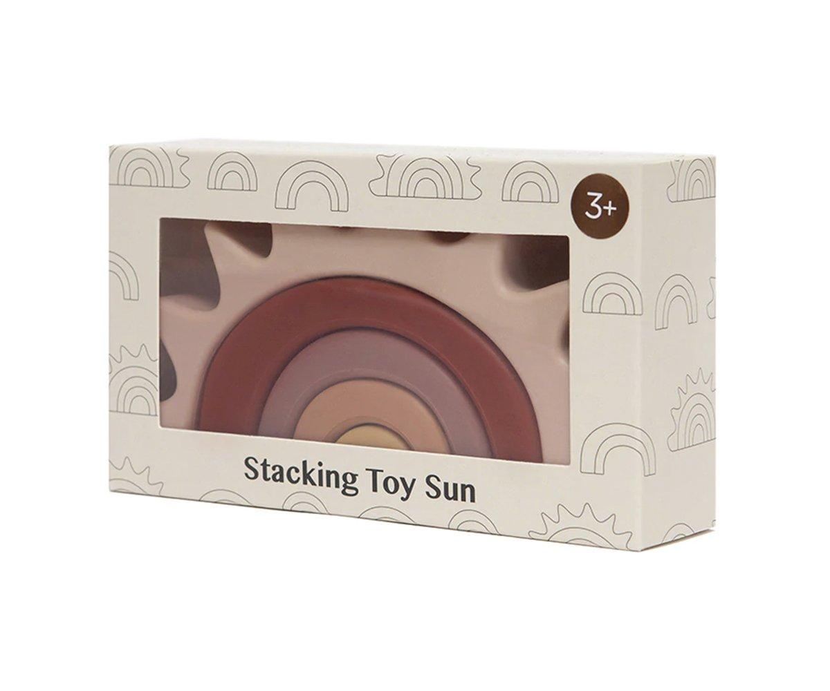 Brinquedo para bebés em forma de arco-íris para empilhar no formato sol da marca Petit Monkey na caixa