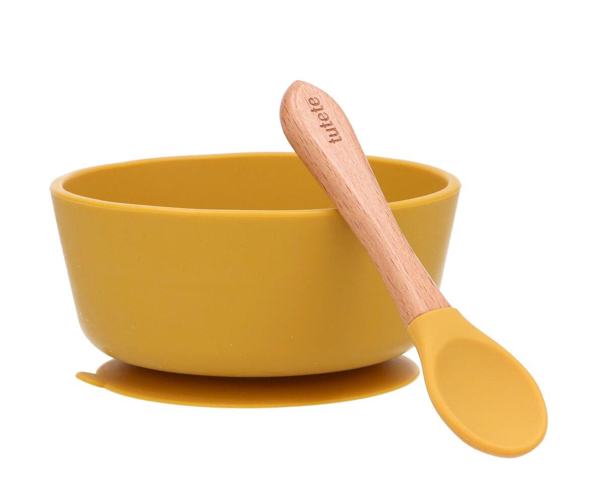 taça tigela em silicone com ventosa e colher na cor mustard da marca tutete