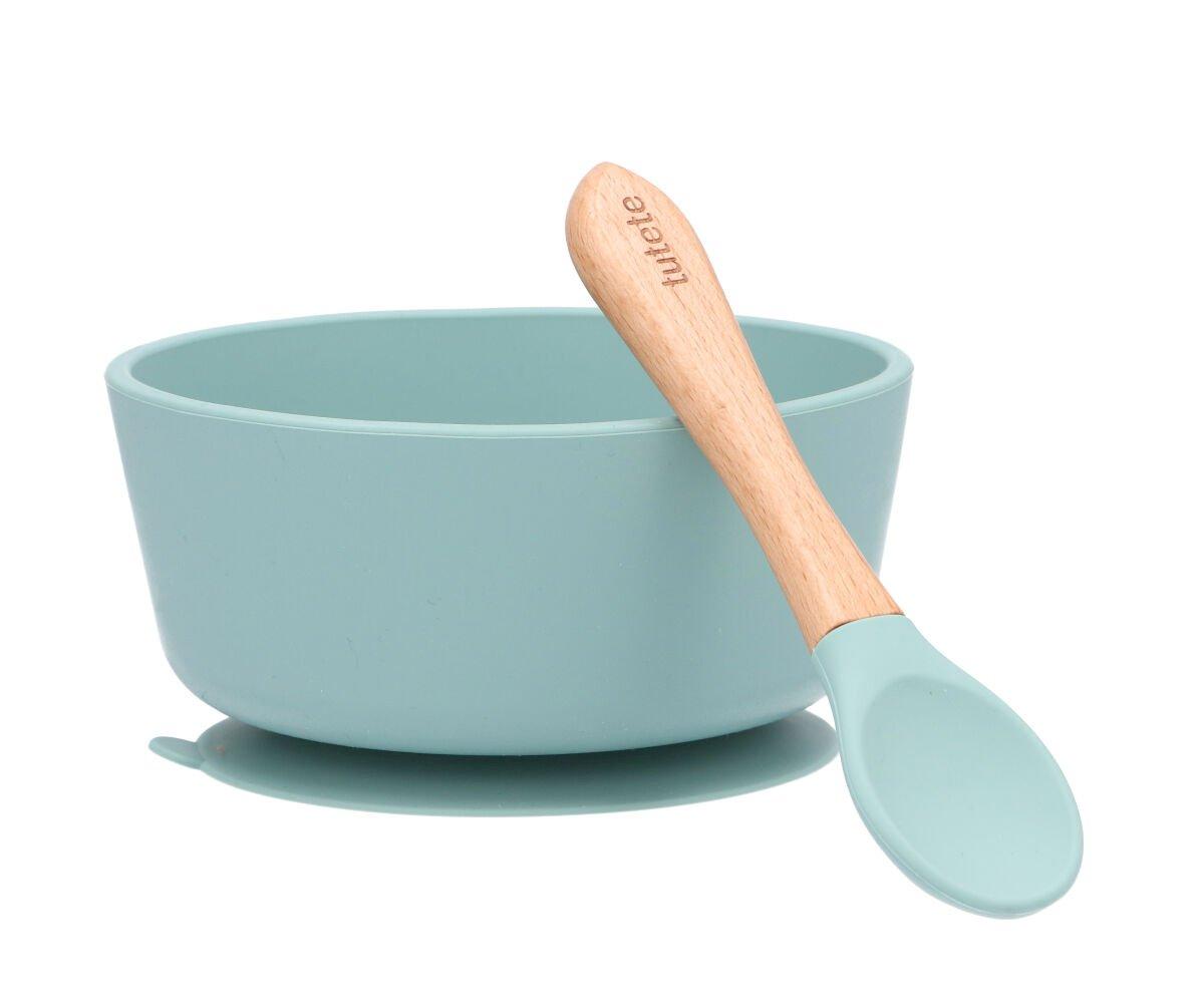 taça tigela em silicone com ventosa e colher na cor light sage da marca tutete
