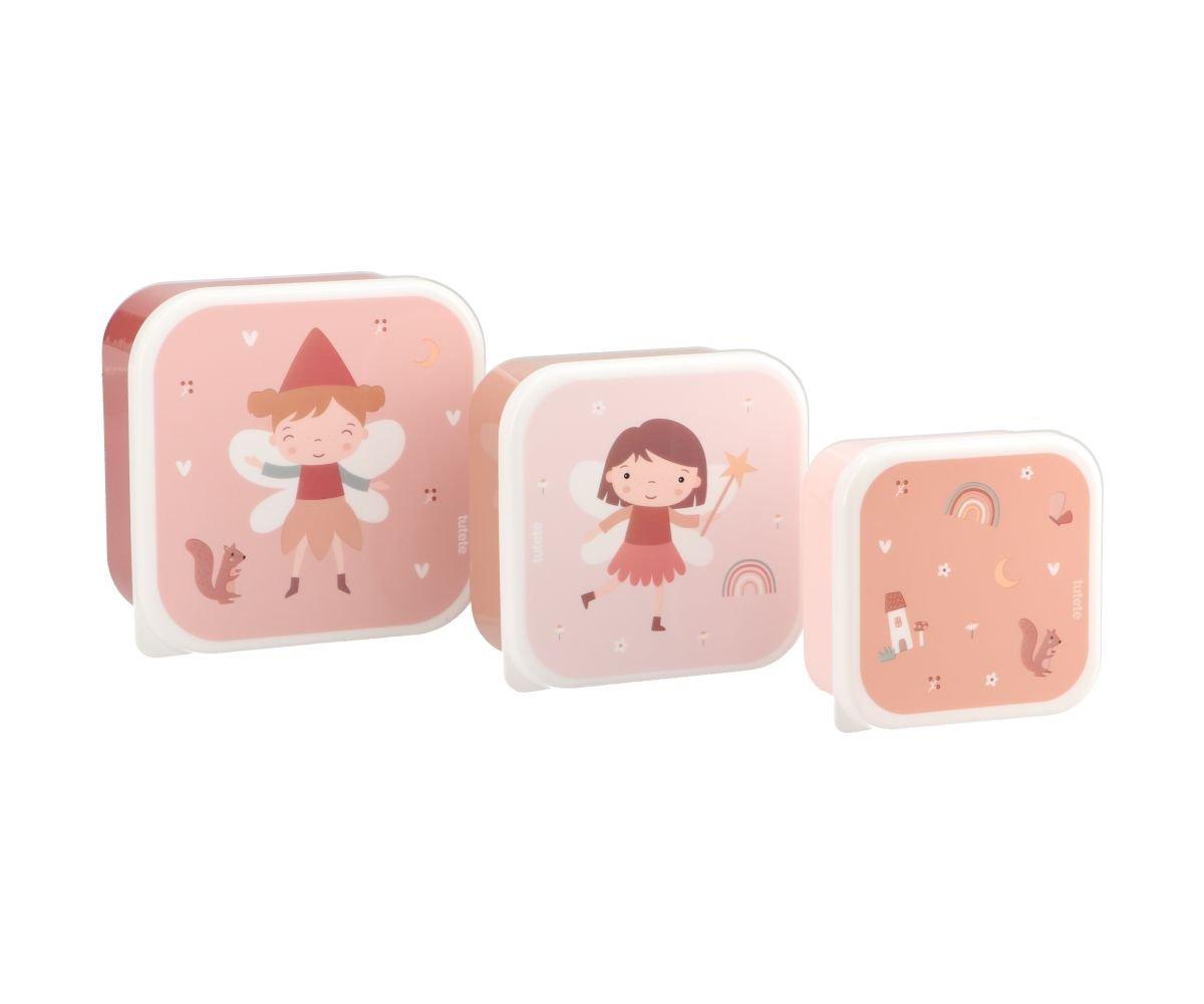 três caixas de alimentos snakcs do tema Wild Fairies da marca Tutete
