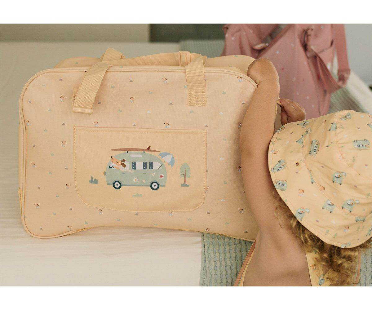 bolsa de praia anti-areia da marca Monneka no padrão Surf Van em detalhe