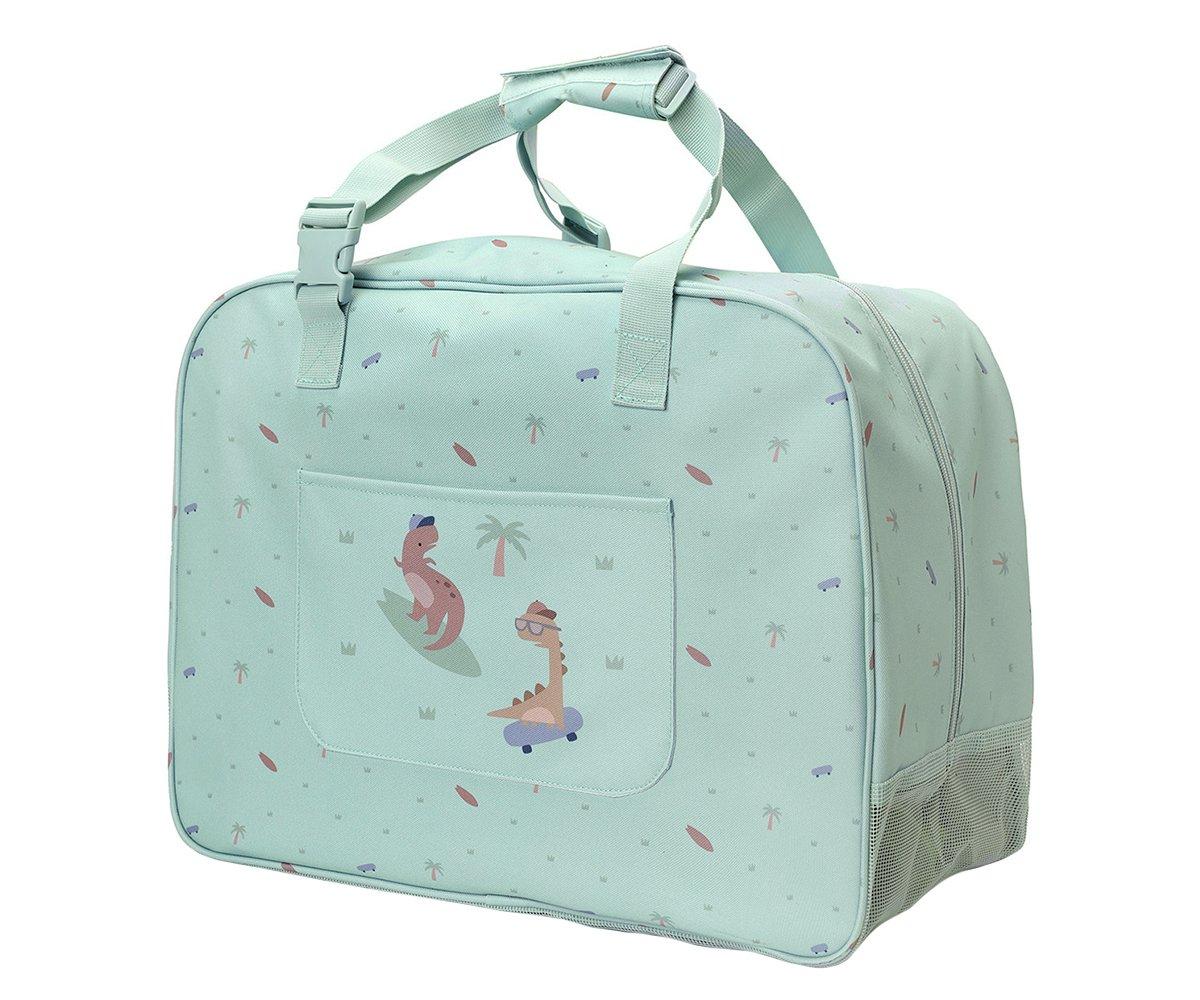 bolsa de praia anti-areia da marca Monneka no padrão Cool Dinos vista lateral