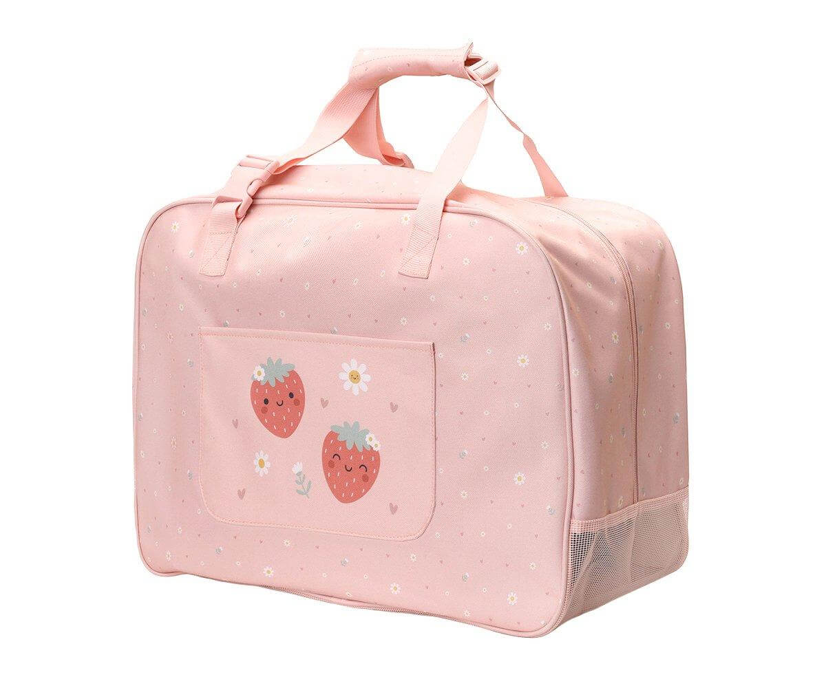 bolsa de praia anti-areia da marca Monneka no padrão Strawberries vista lateral