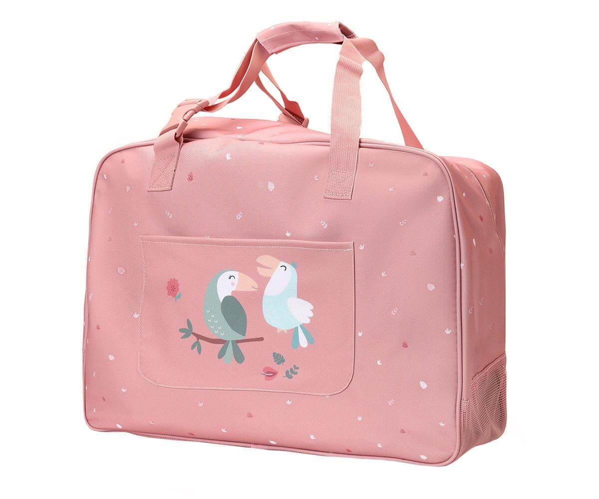 bolsa de praia anti-areia da marca Monneka no padrão Toucan vista lateral