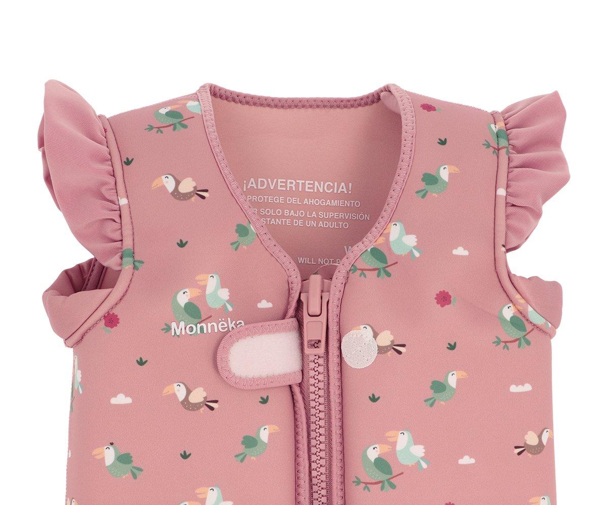 colete flutuador infantil da marca Monneka para bebés e crianças no padrão Toucan vista superior