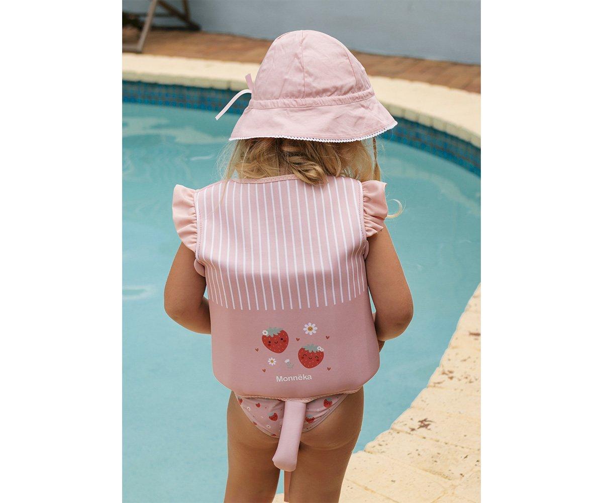 colete flutuador infantil da marca Monneka para bebés e crianças no padrão Strawberries em criança