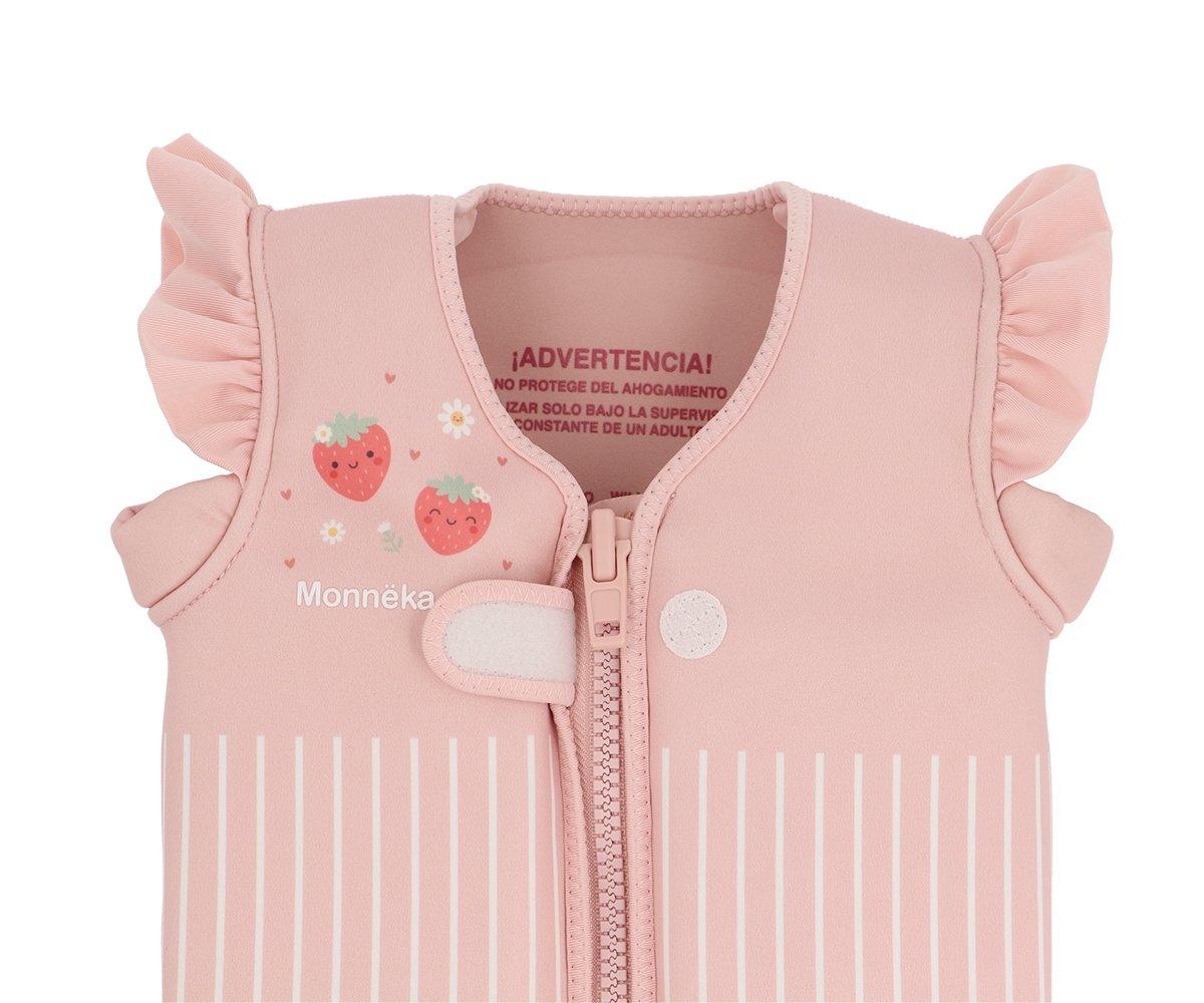 colete flutuador infantil da marca Monneka para bebés e crianças no padrão Strawberries vista superior