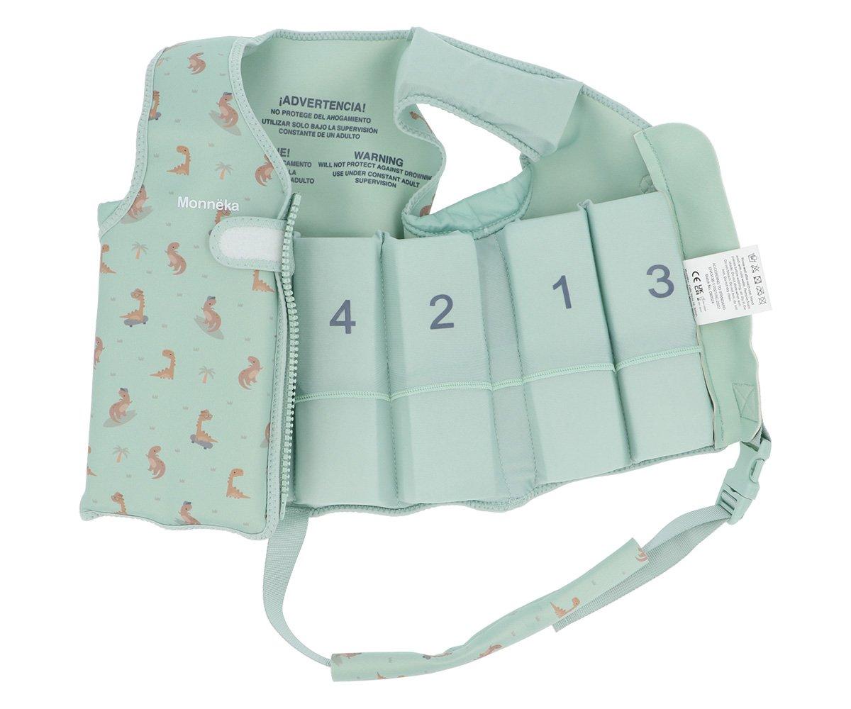 colete flutuador infantil da marca Monneka para bebés e crianças no padrão Cool Dinos vista interior