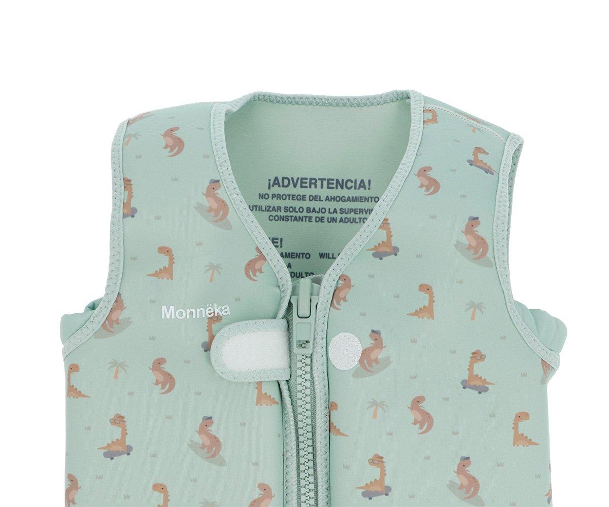colete flutuador infantil da marca Monneka para bebés e crianças no padrão Cool Dinos vista superior