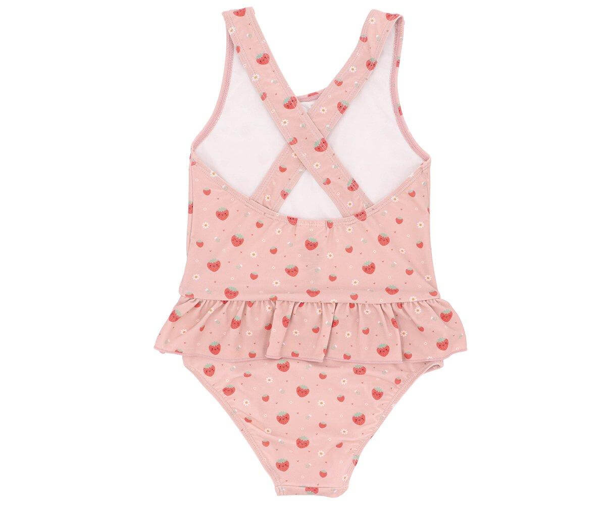 fato de banho infantil com folhos da marca monneka no padrão Strawberries vista traseira