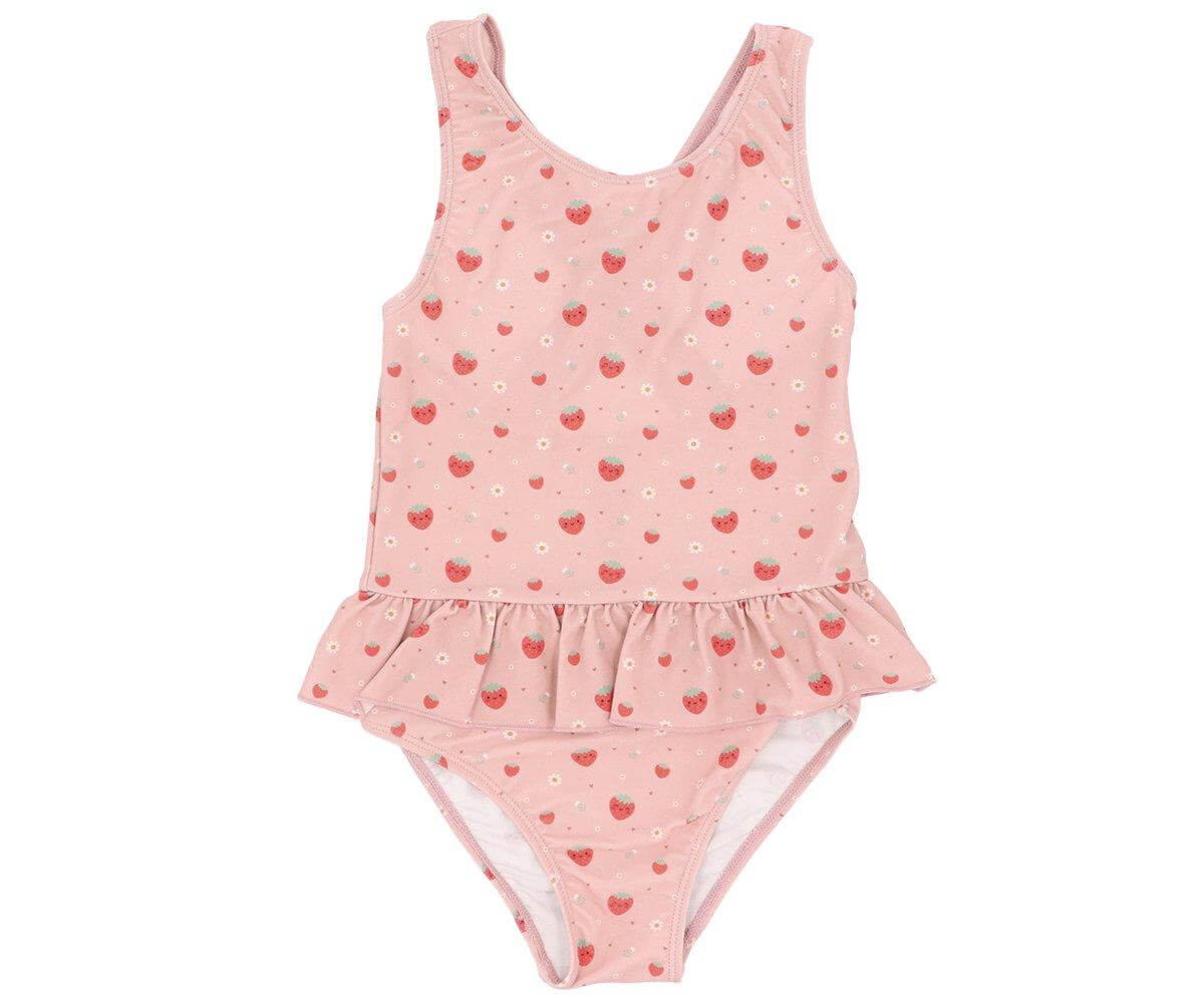 fato de banho infantil com folhos da marca monneka no padrão Strawberries