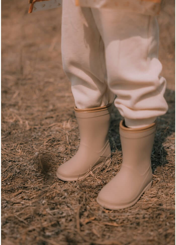 Botas infantis para a chuva na cor taupe da marca Mrs ertha (galochas) a uso na rua imagem 2