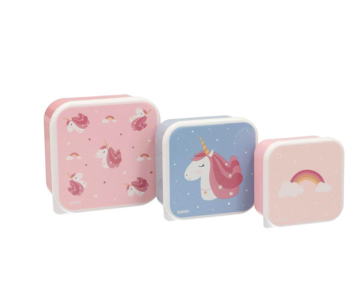 pack de 3 caixas para alimentos de 3 tamanhos no padrão mágica unicorn da marca tutete
