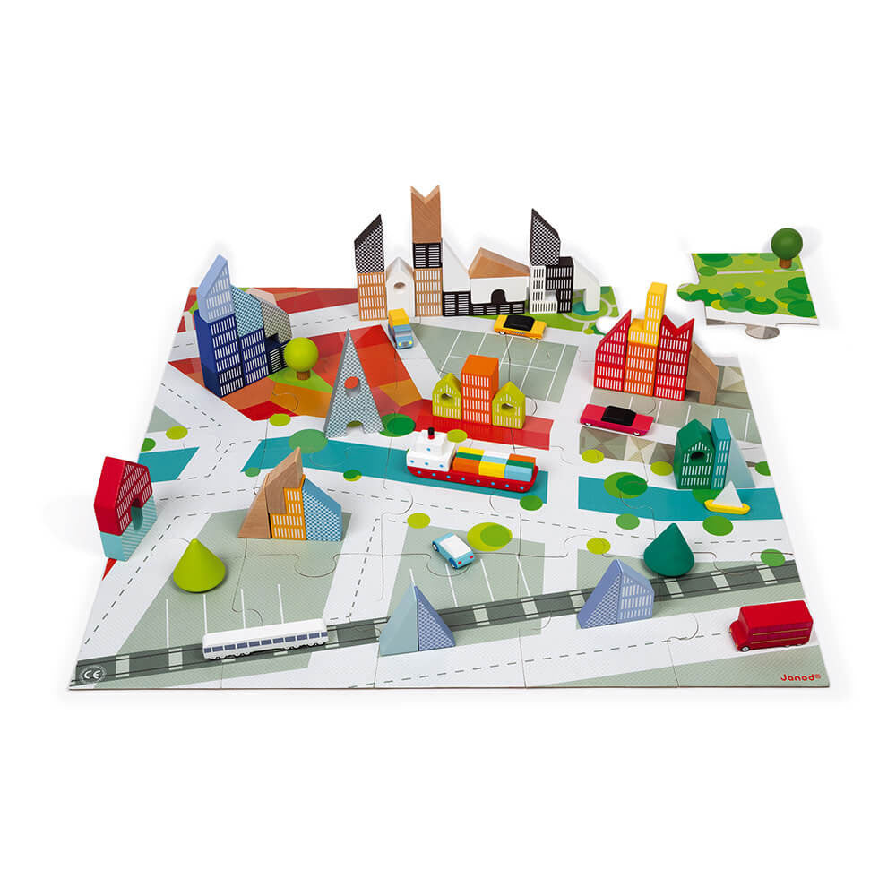 Blocos de construção de cidade em madeira com puzzle para crianças da marca Janod