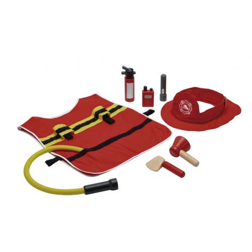 Brinquedo de madeira com kit de bombeiro e acessórios da marca Plan Toys