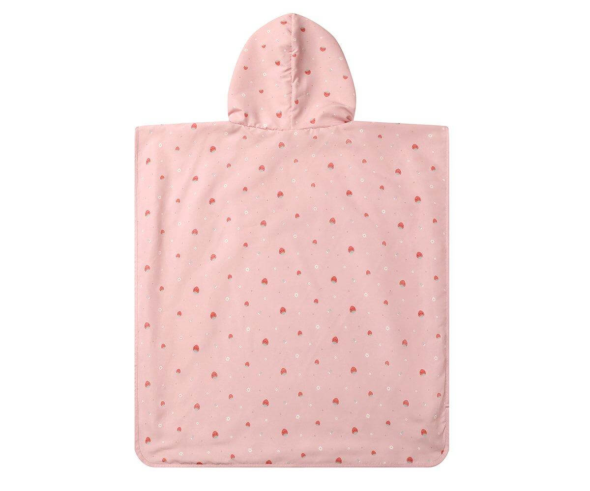 Poncho de praia infantil para bebés e crianças da marca Monneka no padrão strawberries visto de trás
