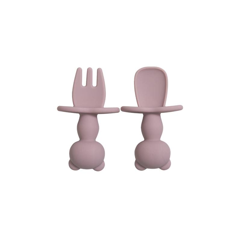 Garfo e colher de treino em silicone para bebés e crianças na cor Blush Pink