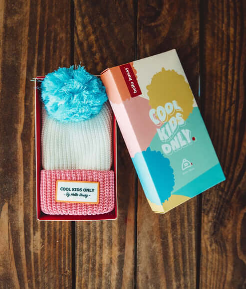 Caixa para oferta do gorro infantil para bebés e crianças da marca Mello hossy na cor pink ice