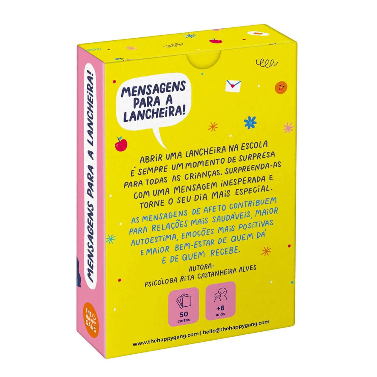 Detalhe embalagem de mensagens para a lancheira com frases positivas da marca the happy gang