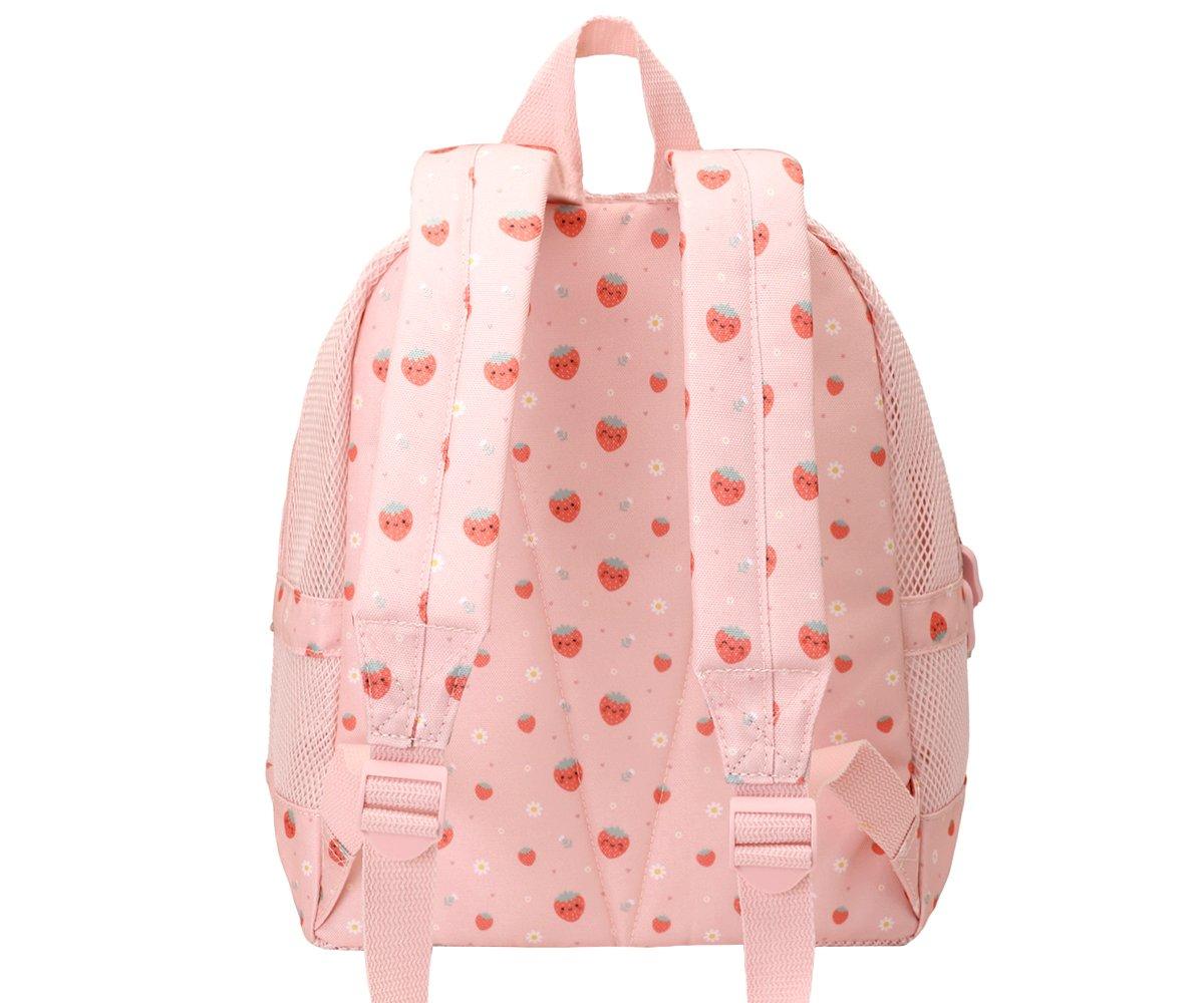 Mochila de praia infantil da marca Monneka no padrão Strawberries vista traseira