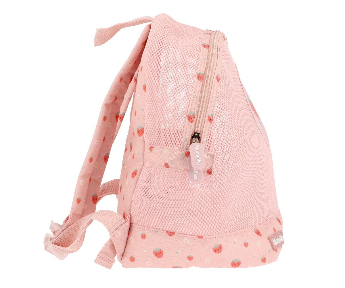 Mochila de praia infantil da marca Monneka no padrão Strawberries vista lateral