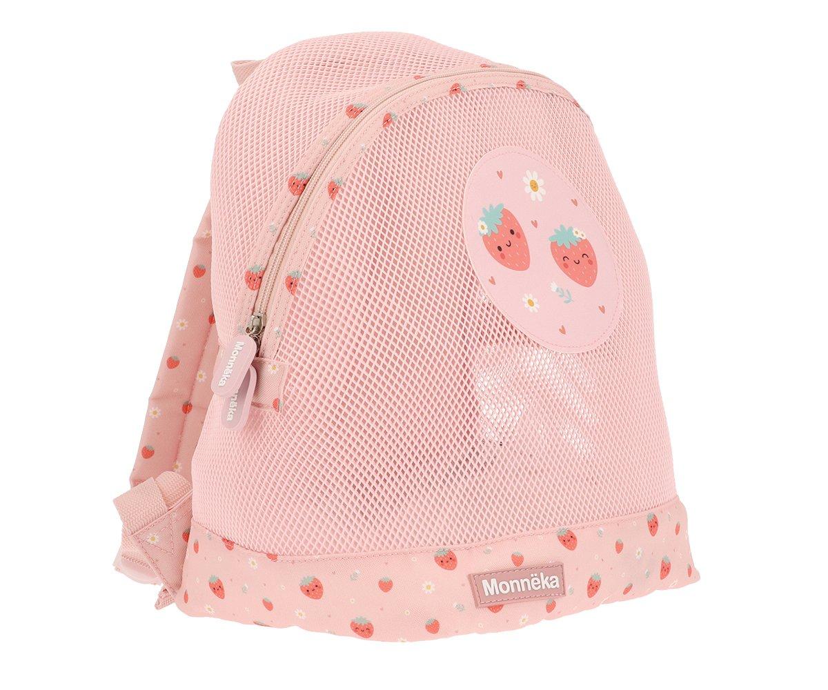 Mochila de praia infantil da marca Monneka no padrão Strawberries vista oblíqua