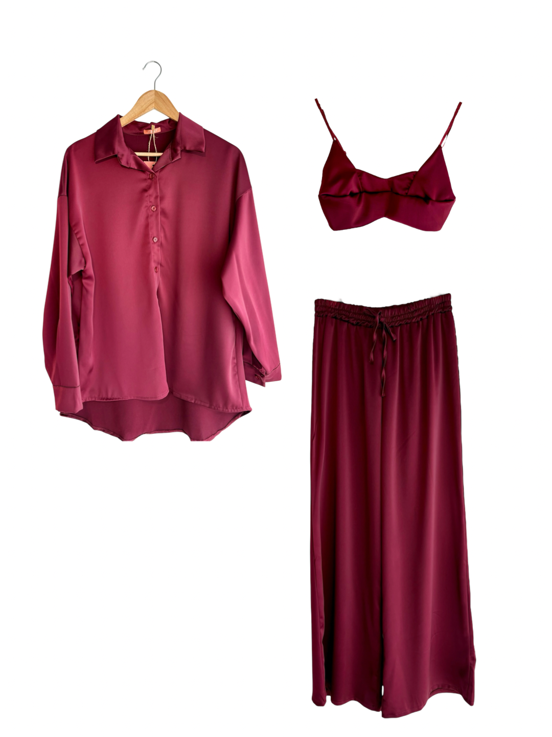 Conjunto calças, camisa e top burgundy | Minhámê