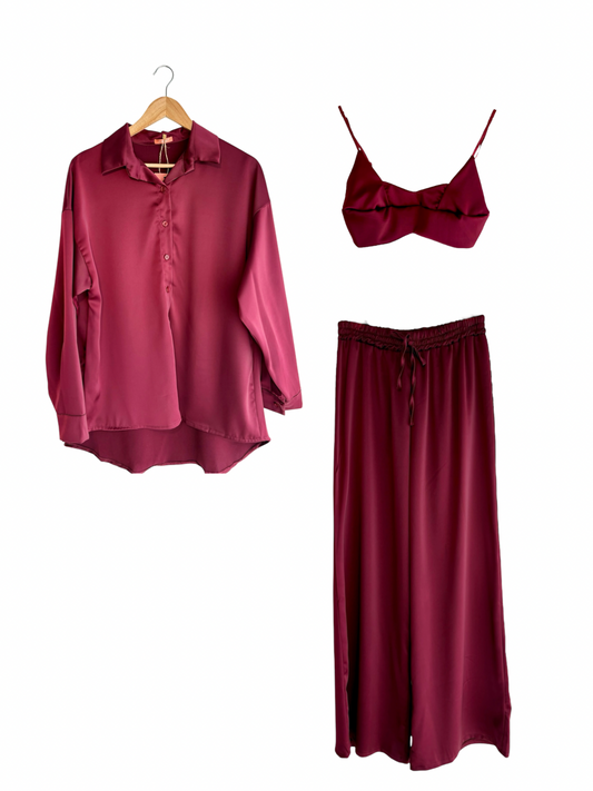 Conjunto calças, camisa e top burgundy | Minhámê