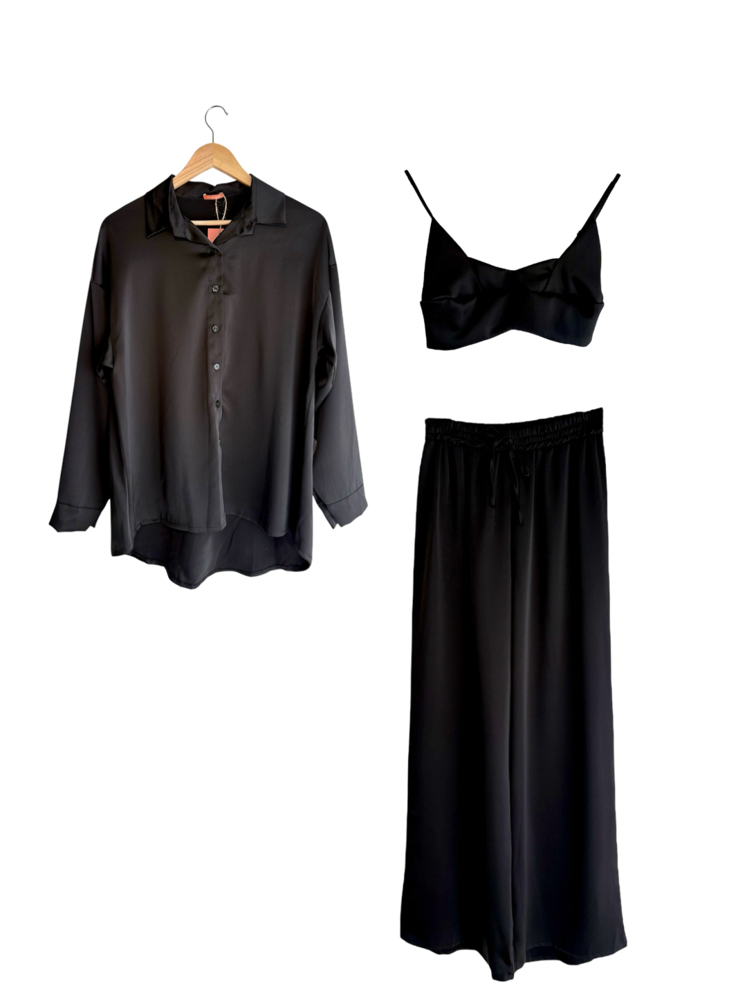 Conjunto calças, camisa e top preto | Minhámê