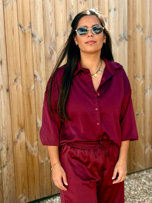 Conjunto calças, camisa e top burgundy | Minhámê