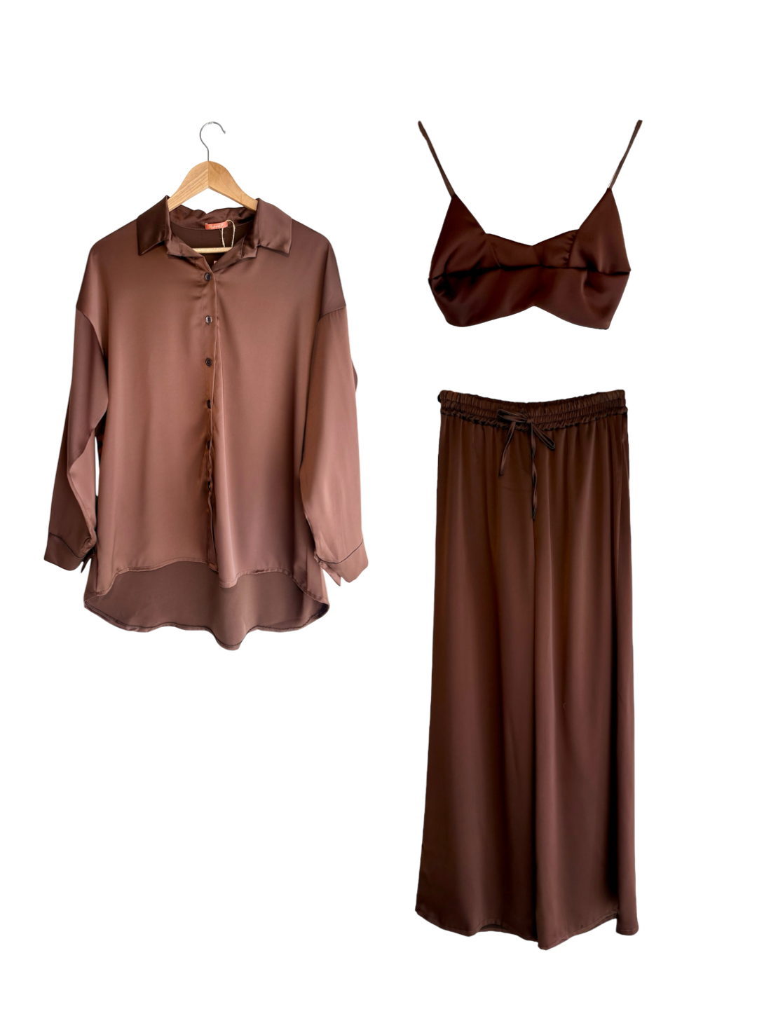 Conjunto calças, camisa e top castanho | Minhámê