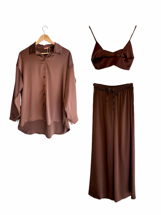 Conjunto calças, camisa e top castanho | Minhámê